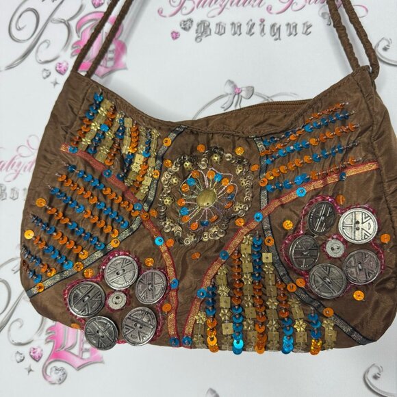 SAND N SUN purse bag boho beaded sequins brown blue orange buttons hippie strap - Picture 5 of 10